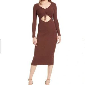 NWT All In Favor Cut Out Long Sleeve Ribbed Knit Midi Dress Brown